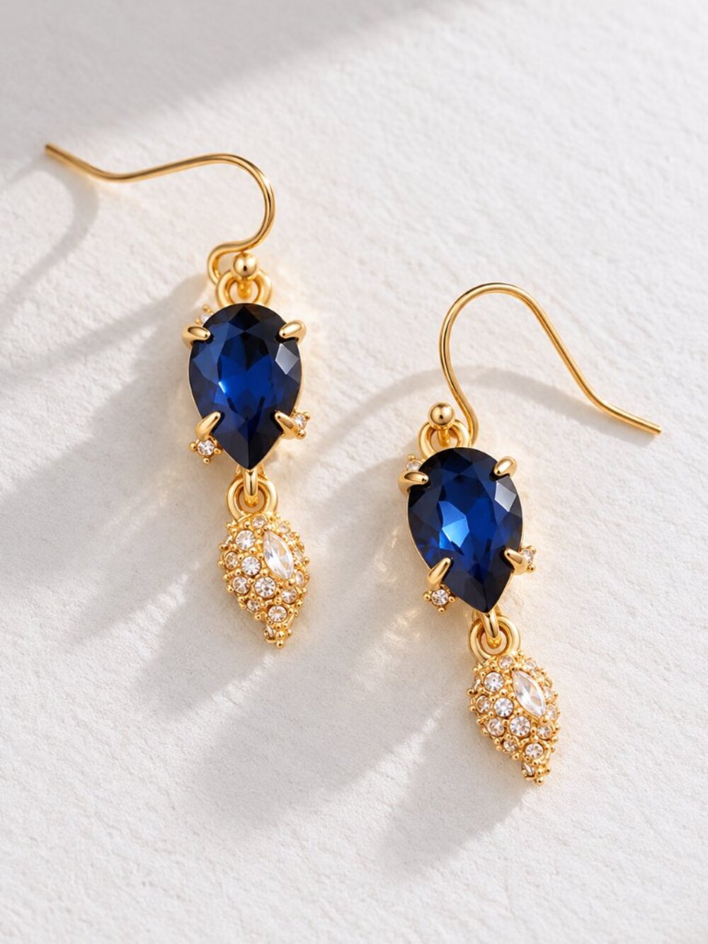 Alexis Bittar 18K Gold Navy Blue Crystal Teardrop Earrings Statement Jewelry
